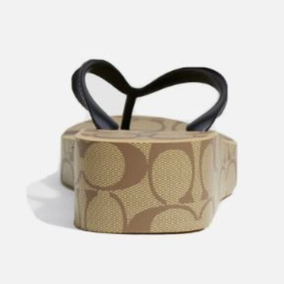 NWT COACH Khaki/Black SIG C LYNN Platform Wedge Sandal/Flip Flops - Picture 2 of 10